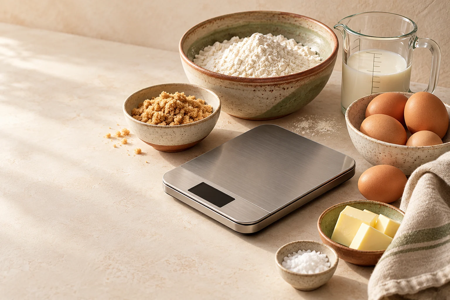 Ceramic bowls of flour and brown sugar beside a kitchen scale, measuring cup, and linen cloth